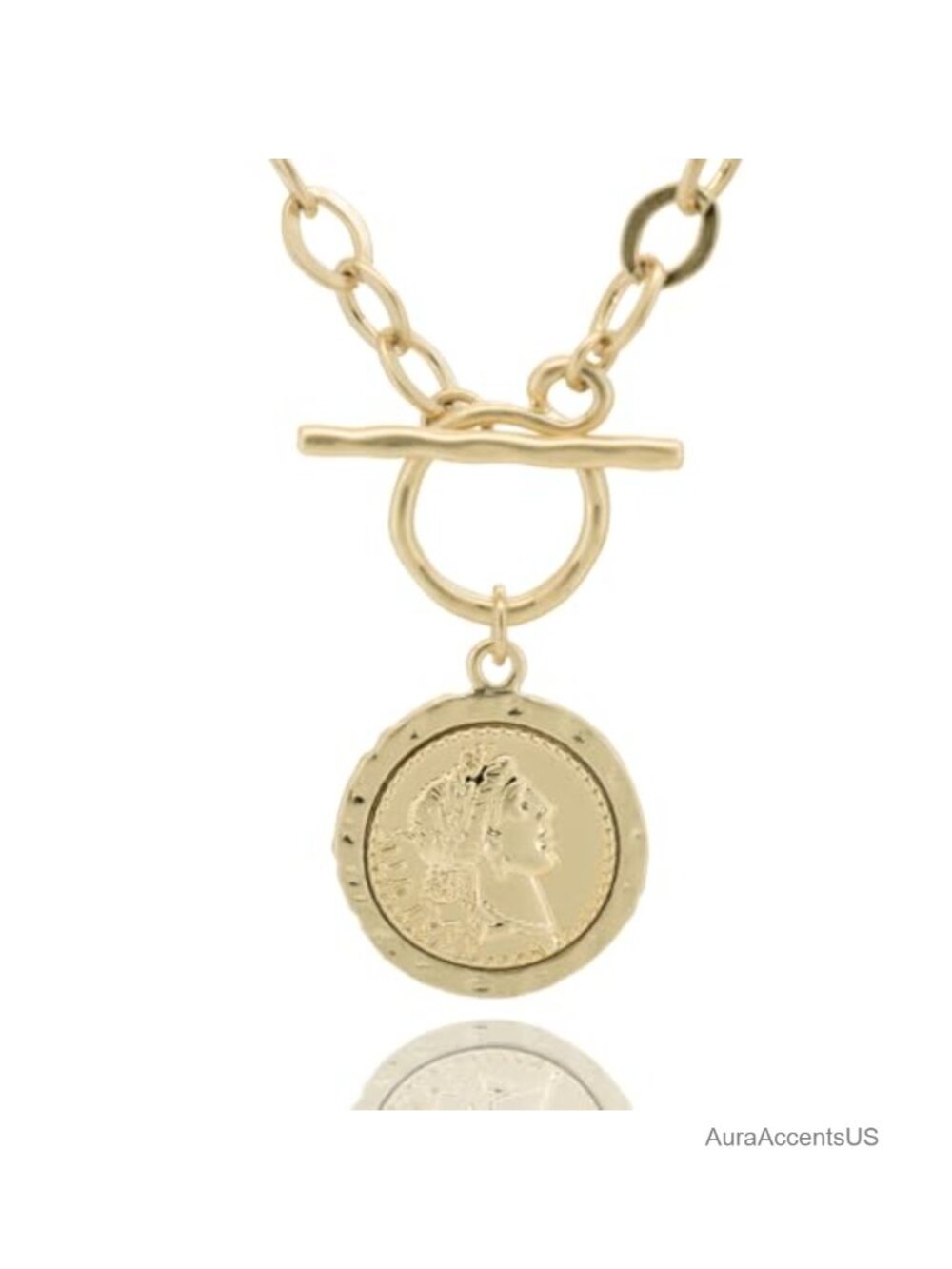 18K Gold Plated Roman Coin Necklace 18 Inch Thick Link Chain
